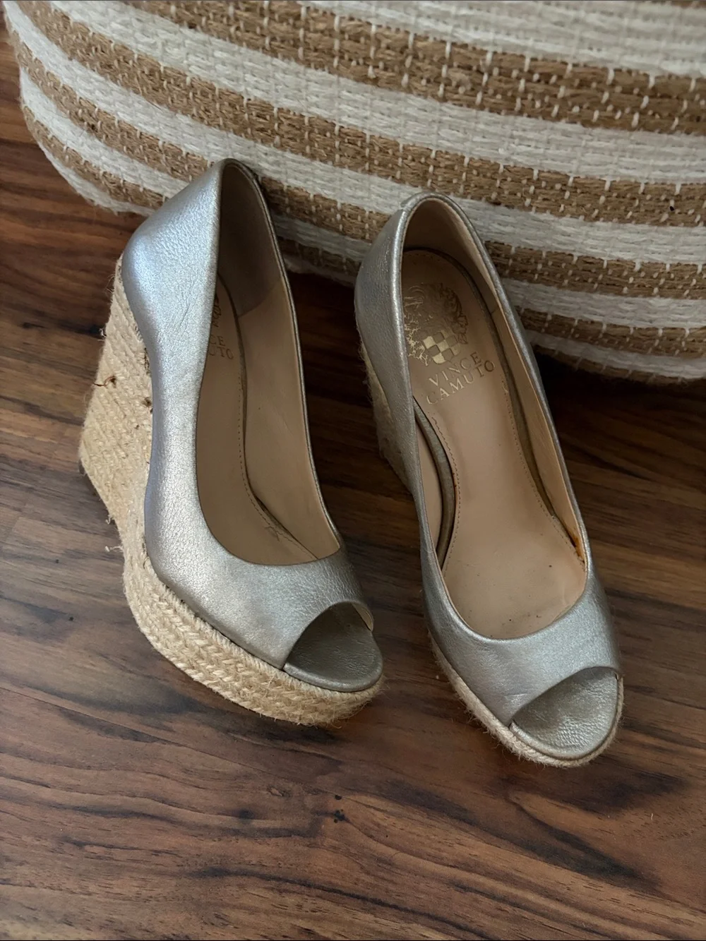 Vince Camuto Metallic Silver Espadrille Peep-Toe Wedges